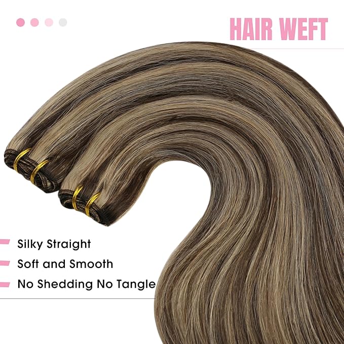 YoungSee Human Hair Weft Extensions Brown Highlight Sew in Hair Extensions Real Human Hair Dark Brown Mix Caramel Blonde Sew in Extensions Long Straight Hair 100G 24Inch