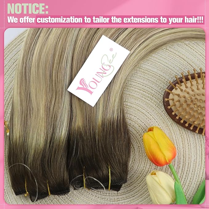 YoungSee Invisible Wire Hair Extensions Brown Balayage Human Hair Wire Extensions Walnut Brown Ombre Blonde Highlights One Piece Hair Extensions Heat-Stylable Straight Hair 16inch 80g