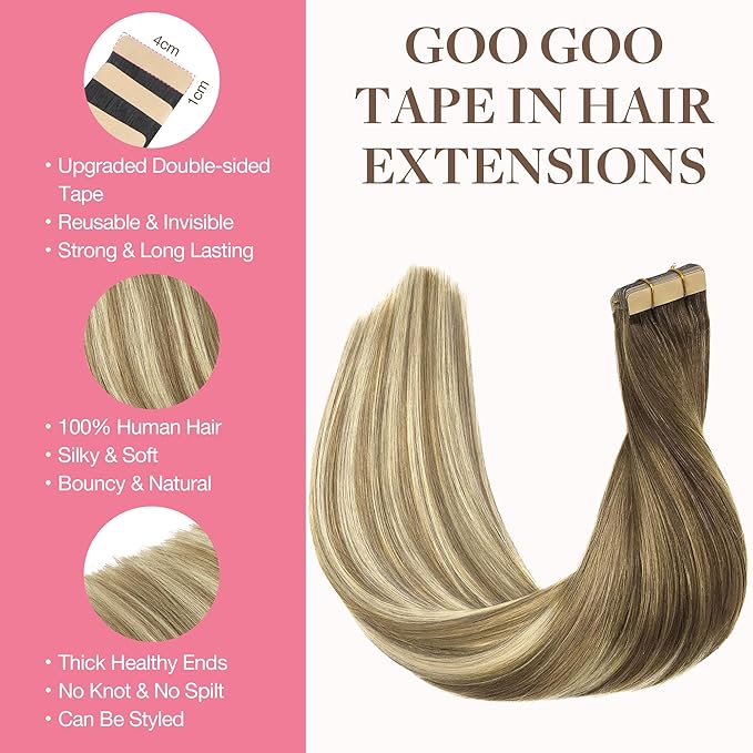 GOO GOO Tape in Hair Extensions Human Hair, 3/8/613 Balayage Walnut Brown to Ash Brown and Bleach Blonde, 18inch 25g 10pcs, Skin Weft Seamless Invisible, Silky Straight with Thick Ends