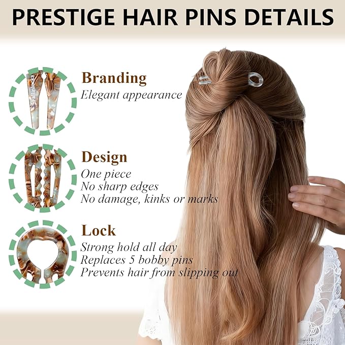 3 Pack Prestige Hair Pins for Women, 4.5" Large French Hair Pins for Thin & Thick Hair, Curved Anti-Slip Design for Better Hold, Perfect Holiday Gift for Her
