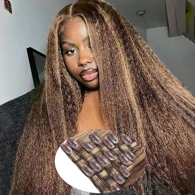 Kinky Straight Clip in Hair Extensions Real Human Hair Extensions 110g 8Pcs Soft Chocolate Brown to Honey Blonde Real Human Hair for Women Natural Hair Clip in Hair Extensions 16 Inch (4/27)