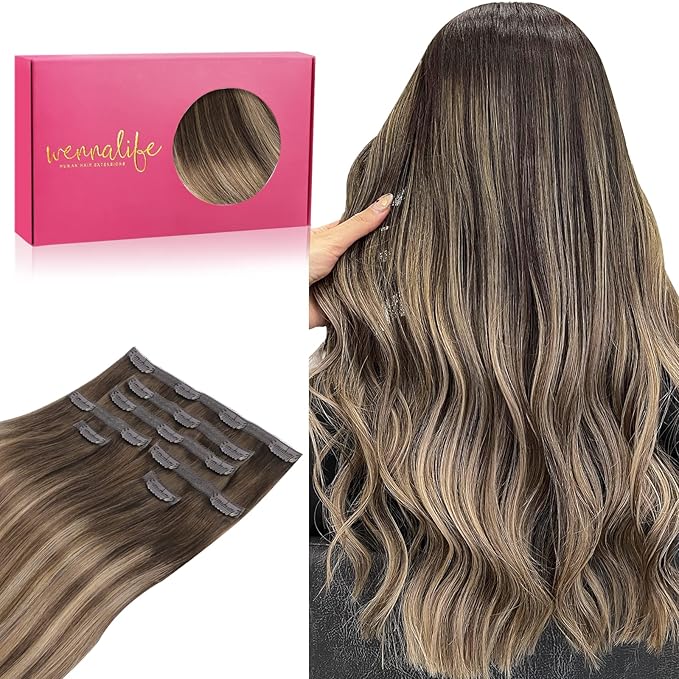 WENNALIFE Lace Seamless Clip in Hair Extensions Human Hair 7pcs Ultra Invisible 50% Thinner Seamless Clip Ins Balayage Chocolate Brown to Honey Blonde Natural Remy Hair 20 inch