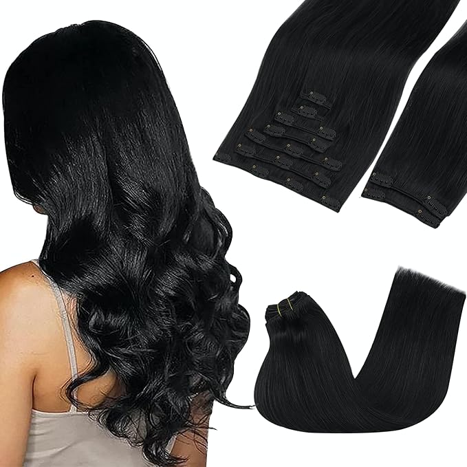 GOO GOO Clip in Hair Extensions Real Human Hair, Remy Human Hair Extensions Clip ins for Women, Natural Human Hair, 24inch 150g 9Pcs, #1 Jet Black