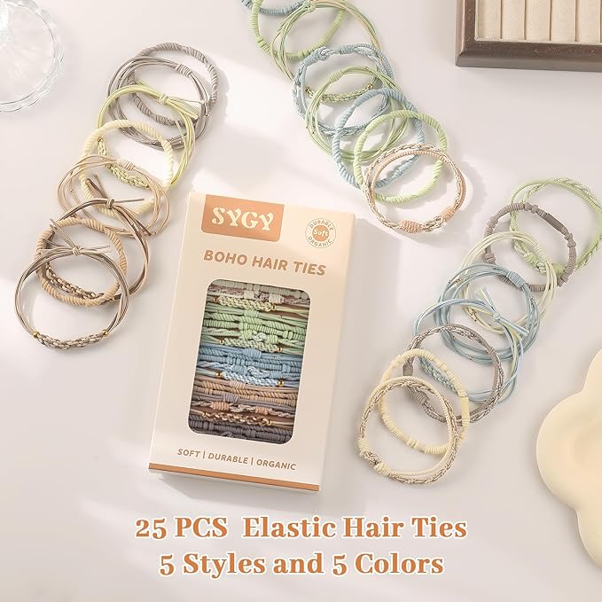 25 PCS Bohemian Hair Accessories: Lightweight Ponytail Holders in 5 Styles, 2.36" No Damage Hair Ties for Thick or Thin Hair