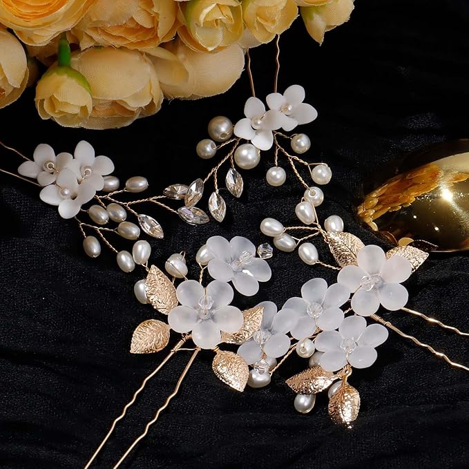 8Pcs Gold Bridal Wedding Hair Pins,White Flower Leaf Hair Piece Pearl Rhinestone Hair Clips,Hair Accessories for Women Brides Bridesmaid