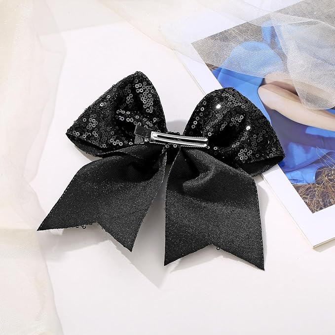 Large Glitter Cheer Bows Clips, Jumbo Big 7 Inch Cheerleading Sequin Hair Bow Hair Accessories for Teens Girls Football Sports Cheerleader Outfit Uniform (Black)