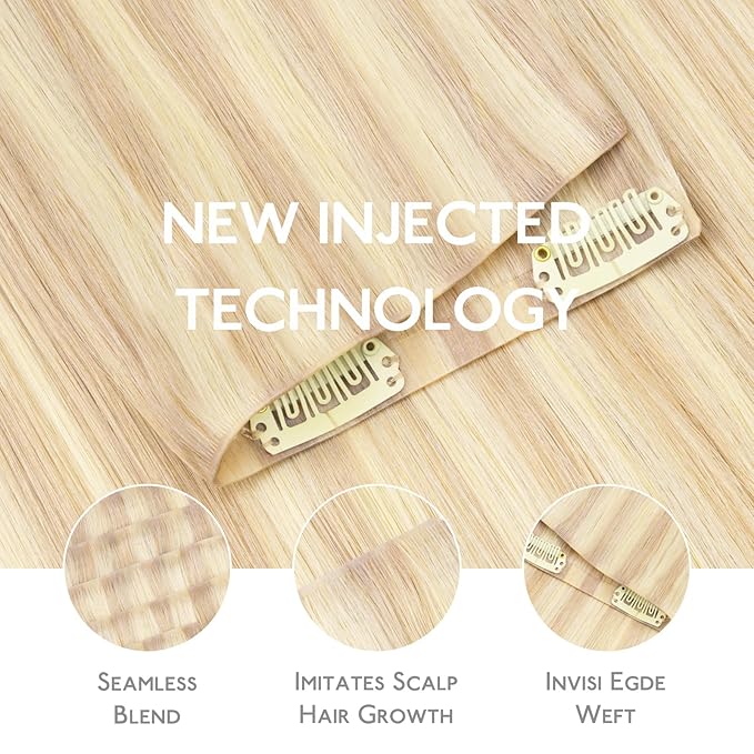 WENNALIFE Invisi Edge Clip in Hair Extensions Real Human Hair, 12 Inch 80g 7pcs Balayage Light Wheat Platinum Blonde Invisible PU Skin Weft Straight Extensiones De Cabello Hmano Clip Ins