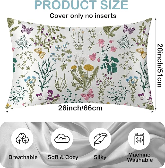 Satin Pillowcase 1 Pack-Leaves Herbs and Wildflowers Silky Pillow Cover for Hair and Skin,Standard Size 20x26 Inch Soft Cooling Printed Pillow Cases with Hidden Zipper,Gifts for Women Men