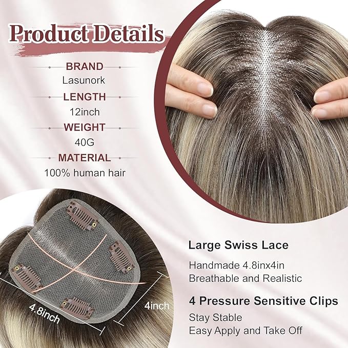 YAMI Hair Toppers for Women 100% Real Human Hair Toppers for Women 12Inch Large Upgrade Swiss Base Cover Hairloss and Add Volume (Ombre Brown with Blond Highlight)