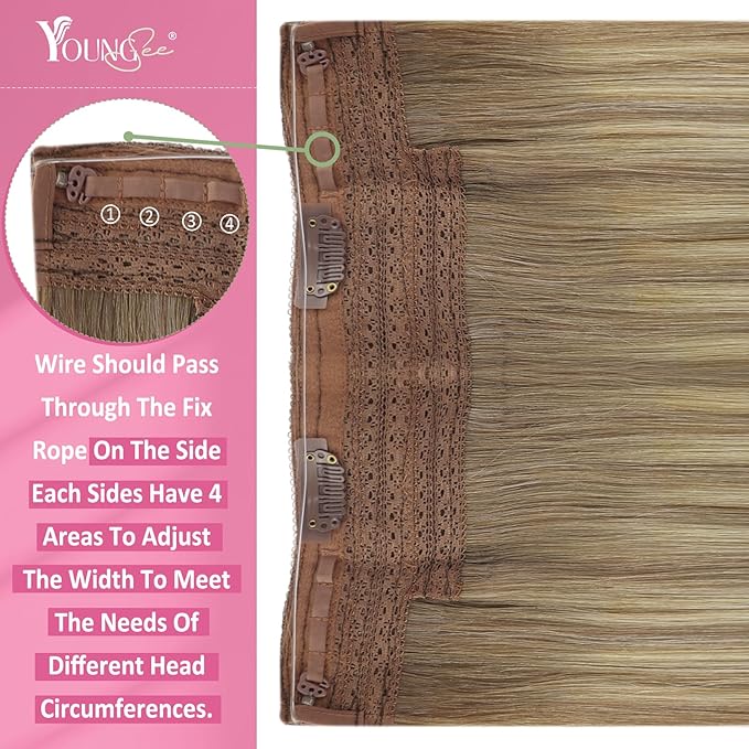 YoungSee 120G Wire Hair Extensions Light Brown Blonde Secret Wire Human Hair Extensions Light Brown Balayage Platinum Blonde Fish Line Extensions Remy Hair 16Inch