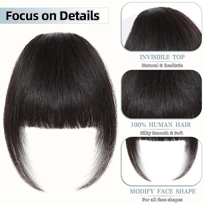 Clip In Bangs for Women, Brown Black French Bangs Hair Clip with Temples, 100% Real Human Hair Layered Curved Fringe for Halloween and Daily Use(Brown Black, French Bangs)