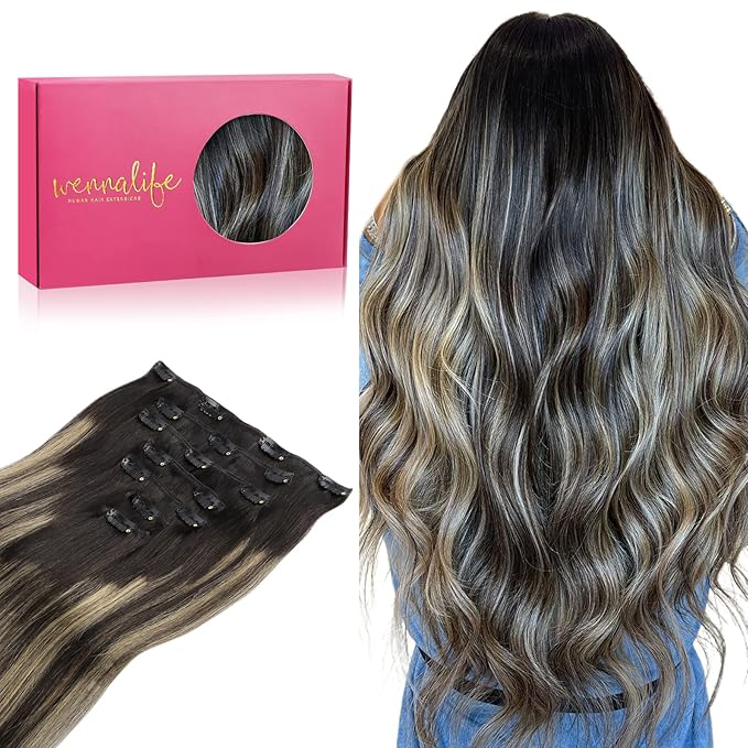 WENNALIFE Clip in Human Hair Extensions - 16 Inch 120g 7pcs Balayage Natural Black to Light Blonde - Remy Double Weft Real Human Hair