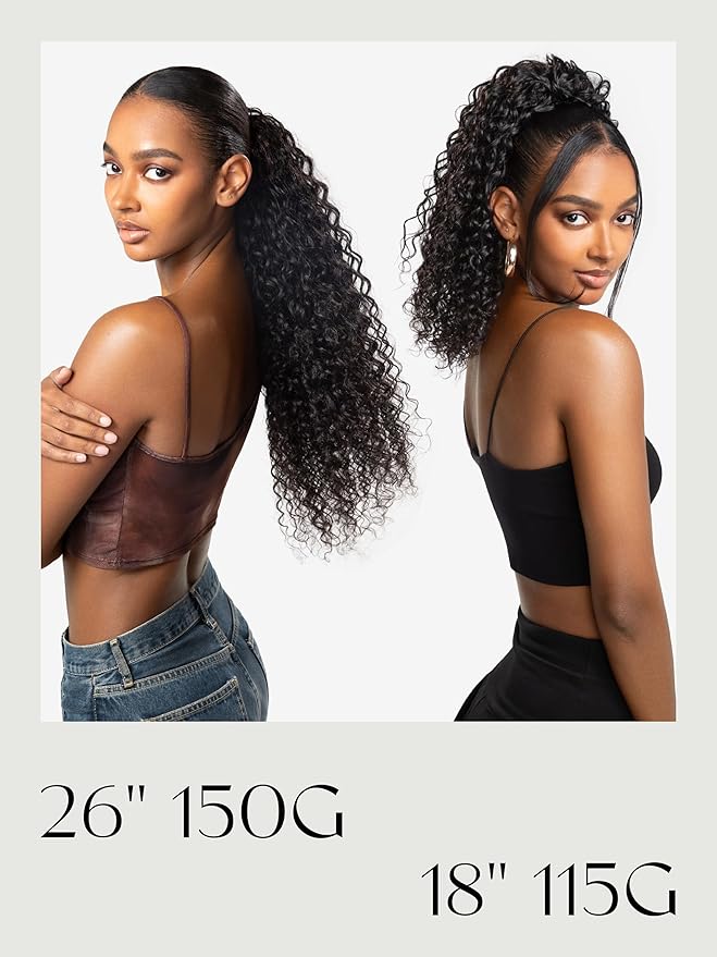 Frodio Clip in Ponytail Extension Human Hair for women 18 Inches Long Water Wave Curly Extension Ponytail Natural Color