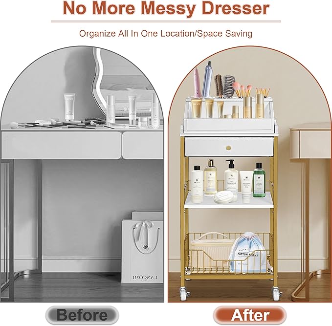 Makeup Organizer Cart with Drawer, 2-in-1 Rolling Organizer Cart with Hair Tool Holder, Vanity Storage for Skincare, Perfume, Nail Polish, Cosmetics, Gold Finish