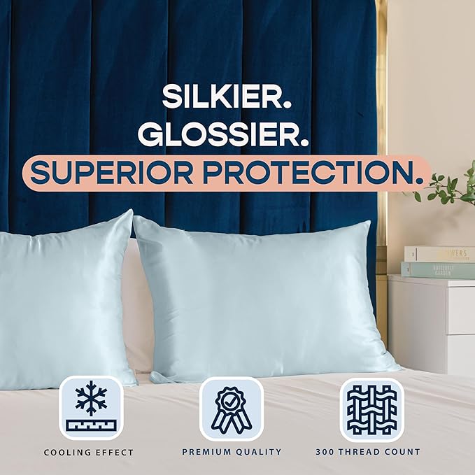 BLISSFORD Satin Pillowcase with Zipper, for Hair and Skin Care, Feels Soft and Cool Like a Silk Pillowcase, Satin Pillow Cases 2 Pack, Slik Pillow Cover, Baby Blue - King Size, Set of 2