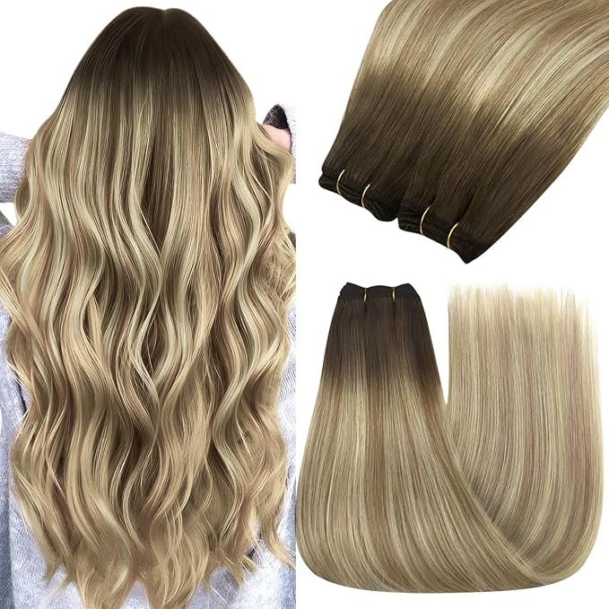 YoungSee Sew in Hair Extensions Real Human Hair Ombre Human Hair Weft Extensions Walnut Brown to Light Brown with Blonde Hair Extension Sew in for Women 24inch 100g