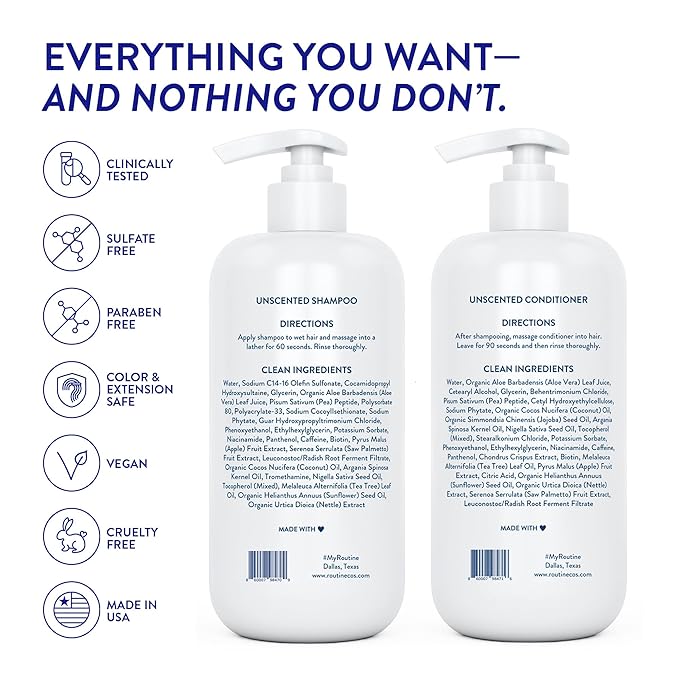 Routine Wellness Bundle - Shampoo and Conditioner Set for Thinning Hair, Two Serums for Scalp Health, Hair Growth Supplement & Hair Mask - Unscented