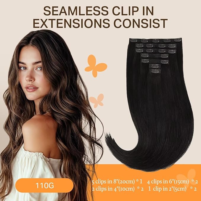 DOORES Seamless Clip-in Human Hair Extensions, Natural Black 7pcs 24 Inch 120g, Thick Hair Extensions Straight Invisi Edge