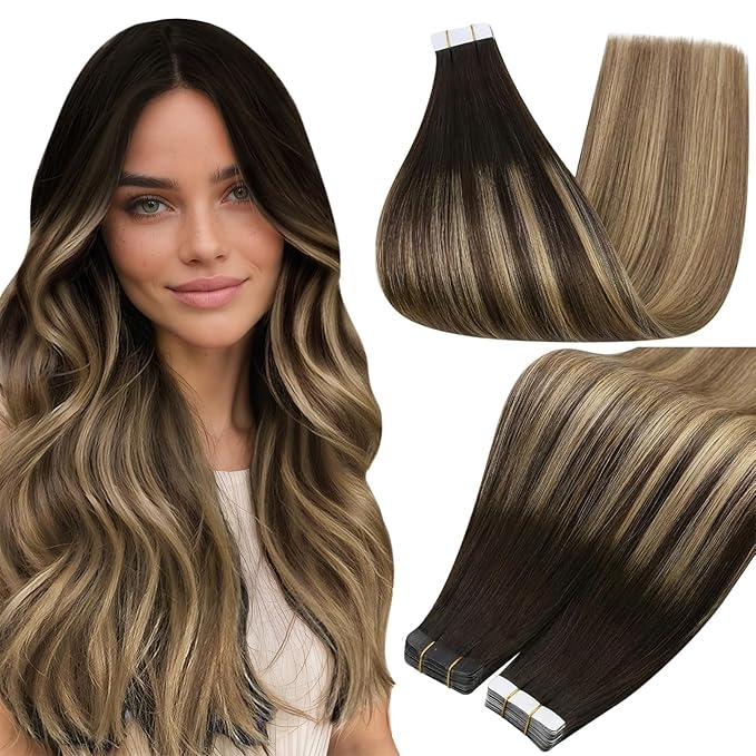 Full Shine Balayage Human Hair Tape in Extensions Color 2/8/27 Tape in Hair Extensions 14Inch Tapes in Extensions Seamless Glue in Human Hair Extensions Remy Hair 20Pcs 50G Invisible Tapes Extensions