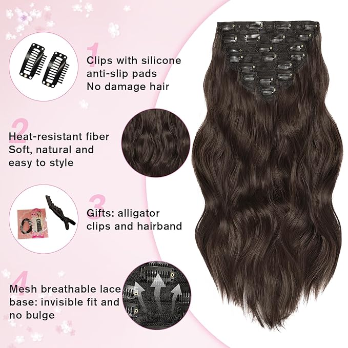Clip in Hair Extensions for Women, 20 Inch Dark Brown Hair Extensions Clip Ins Wavy Curly, 8PCS Synthetic Airy and breathable Hairpieces for Women