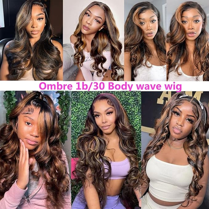 32 Inch Ombre Lace Front Wigs Human Hair Pre Plucked Colored 1B/30 Highlight Lace Front Wig 9X6 Body Wave Lace Front Wigs Human Hair Honey Balayage Wigs Human Hair Wig for Women