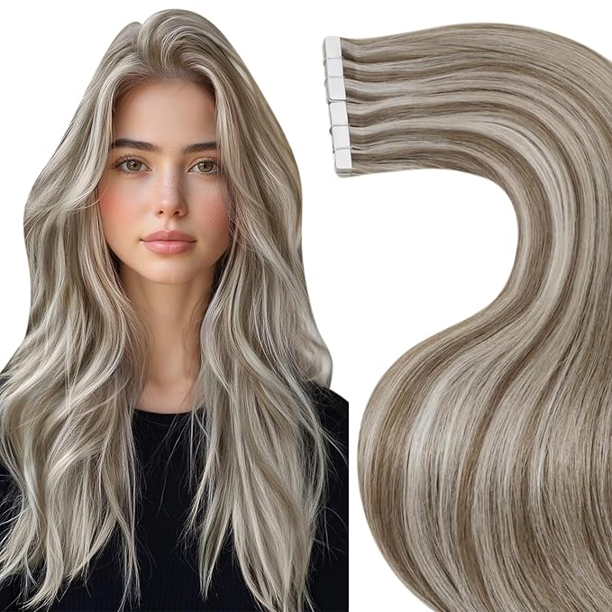 LaaVoo Tape in Hair Extensions Human Hair Highlights Tape ins Human Hair Extensions Platinum Blonde Highlights with Ash Brown Hair Extensions Tape in 22 Inch 20pcs 50g