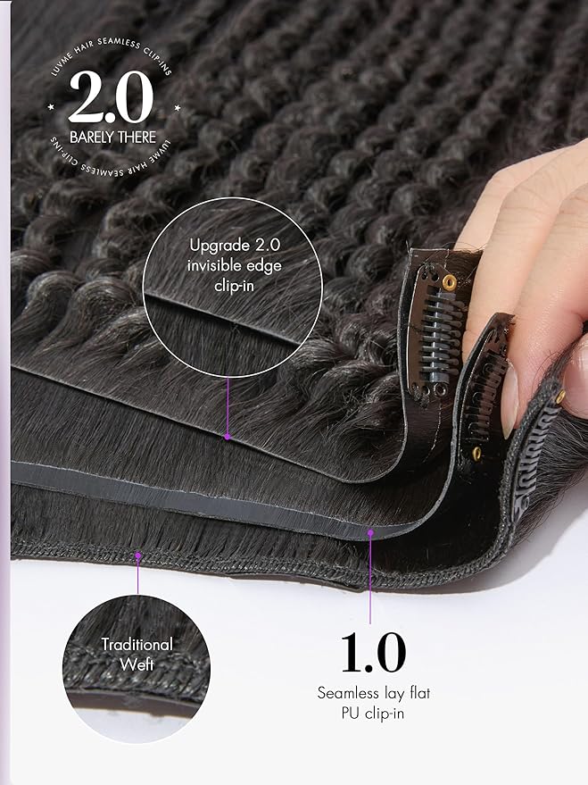 LUVME Invisible Clip ins Hair Extensions Deep Kinky Curly Real Human Hair Remy Hair Clip ins for Women, Natural Human Hair,24 inch 2 Pack 220g 12Pcs, Natural Black