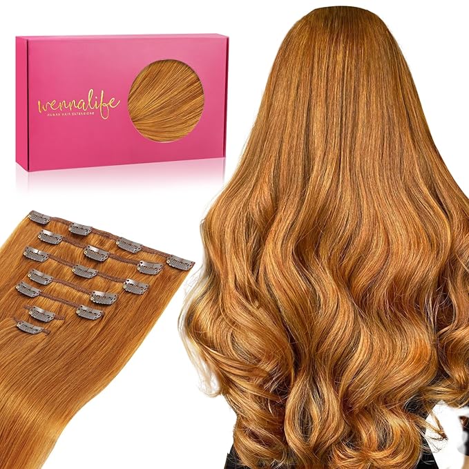 WENNALIFE Clip in Hair Extensions Real Human Hair, 20 Inch 120g 7pcs Clip in Hair Extensions Real Human Hair, Auburn Ginger Human Hair Clip in Extensions Remy Human Hair Extensions Clip Ins Double Wef