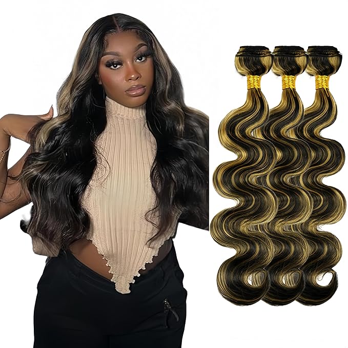 28 30 32 Inch P1b/27 Human Hair Bundles Highlight Body Wave Bundles Niegmeag Brazilian Virgin Remy Hair Extensions 2 Tone Black and Honey Blonde Bundle