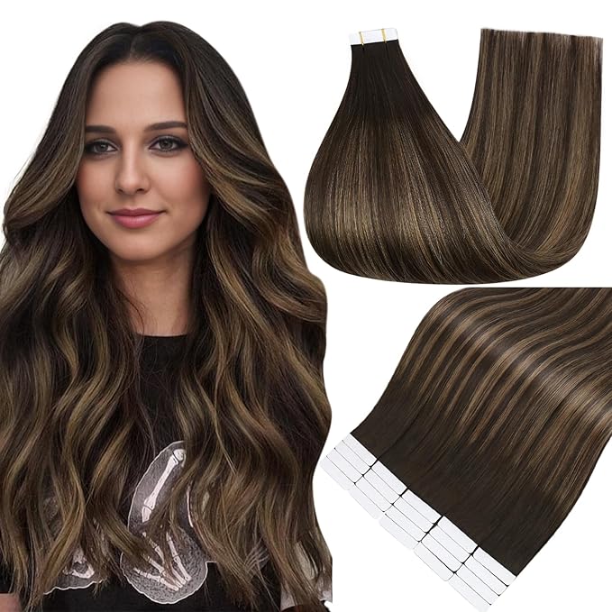 Full Shine Tape in Hair Extensions Ombre Color 2/8/2 Dark Brown Highlight Ash Brown with Shadow Roots 22 Inch Human Hair Extensions Tape Ins 20PCS 50g Natural Straight Extensions for Women Real Hair