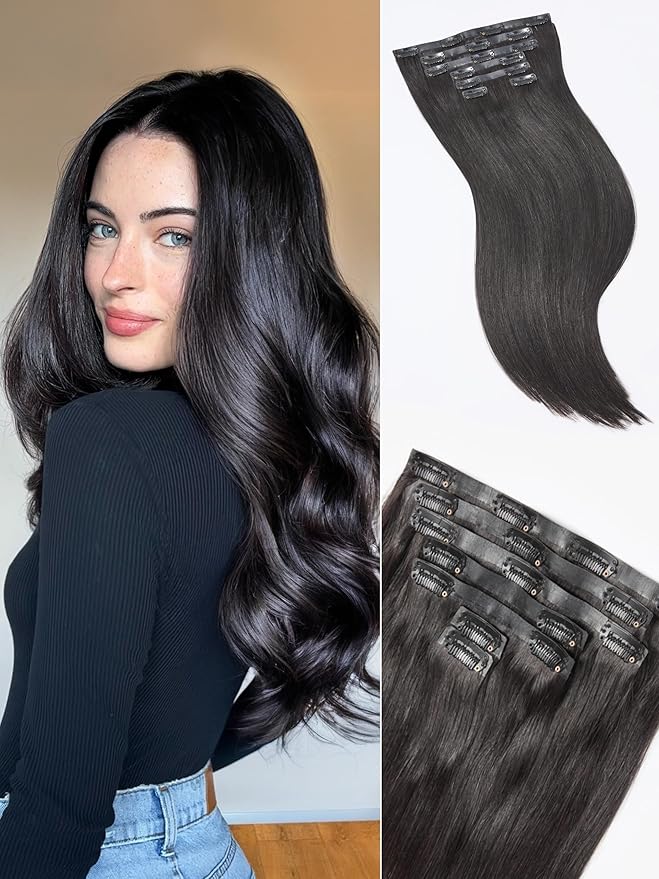 LUVME 2 Pack Straight Seamless 220g 14Pcs Clip in Hair Extensions Full Max with 20inch Remy Human Hair Extensions, Natural Black 100% Real Soft Human Hair Extension