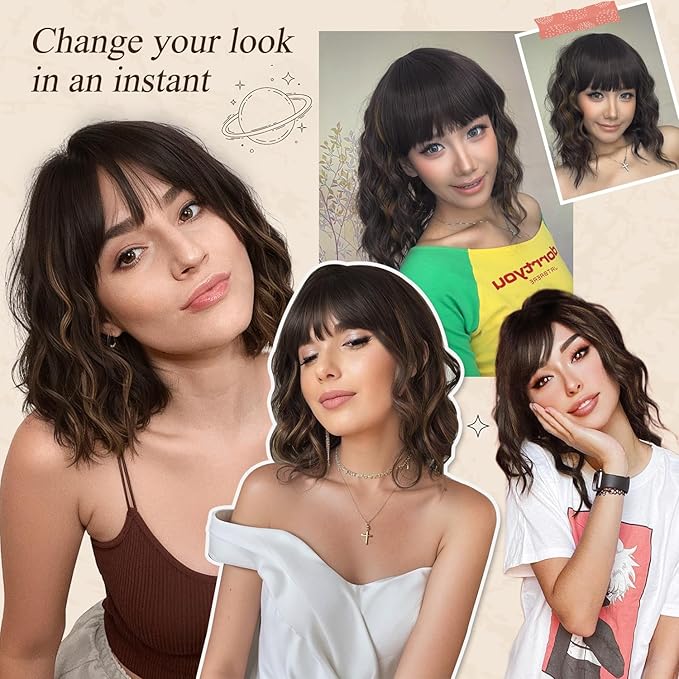 Nnzes Wig with Bangs for Women Shoulder Length Bob Wavy Women's Charming Synthetic Brown mixed Blonde Highlight Wigs with Natural Curly Heat Resistant Hair for Daily Party Use