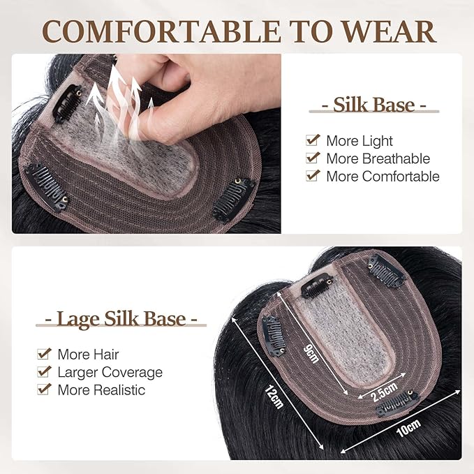Rich Choices Hair Toppers for Women Real Human Hair 100% Human Remy Toppers NO Bangs for Women with Thinning on Top Clip in Hairpiece 4"x4.7"Lace Base 10 Inch #1 Jet Black