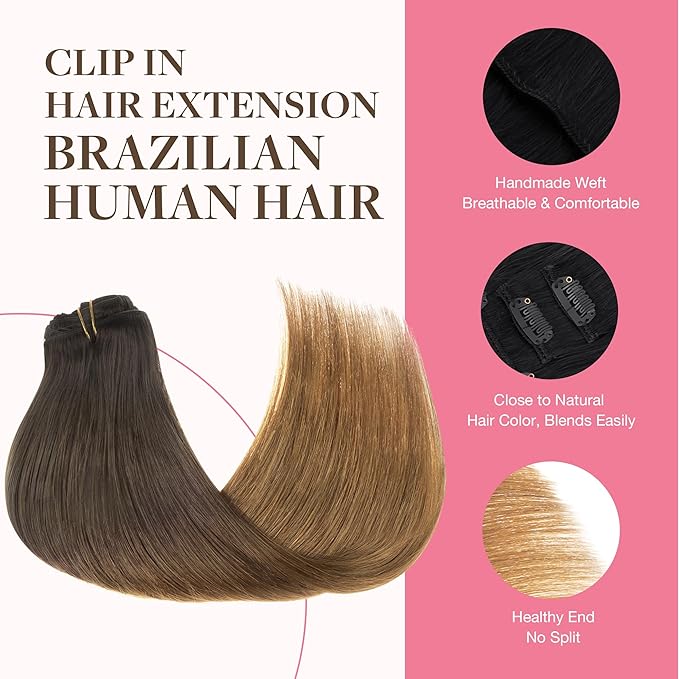 GOO GOO Clip in Hair Extensions Real Human Hair, Remy Human Hair Extensions Clip ins for Women, Natural Human Hair, 16inch 150g 9Pcs, 1D/2C/4E Chocolate Dip Color Melt