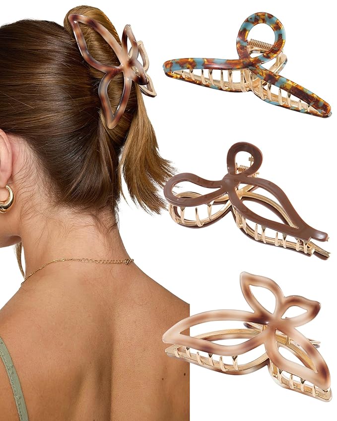 HAIMEIKANG 3 PCs Metal Acrylic Hair Bow Claw Clips - Strong Hold Non-Slip Large Gold Clips for Thick Hair