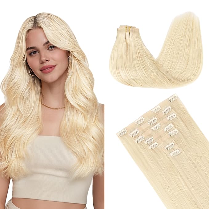 GOO GOO Clip in Hair Extensions Real Human Hair, Remy Human Hair Extensions Clip ins for Women, Natural Human Hair, 24inch 160g 7Pcs, 613R Bleach Blonde
