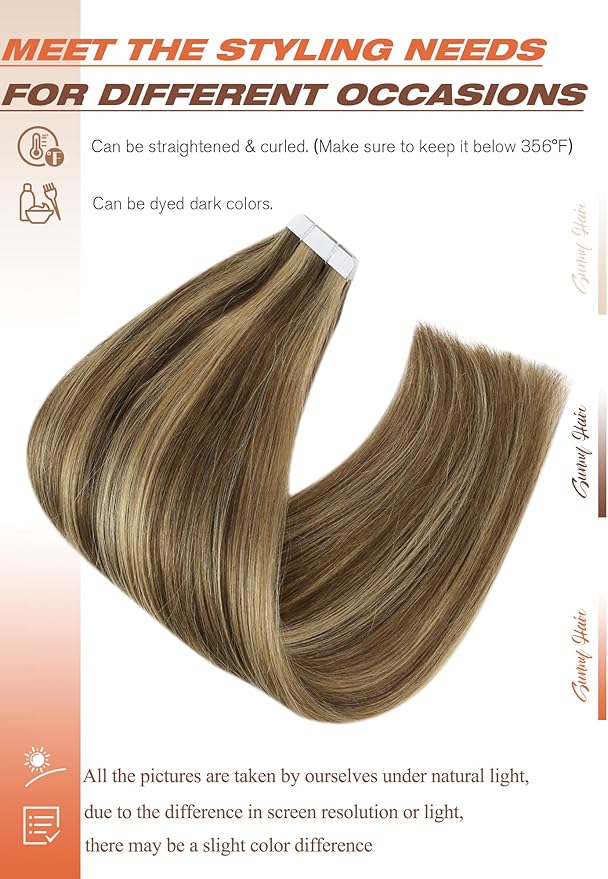 Sunny Hair Tape in Hair Extensions Human Hair 12 Inch Hair Extensions Real Human Hair Tape in Extensions for Women Medium Brown Highlights Caramel Blonde Remy Hair Straight Skin Weft 40pcs 60g