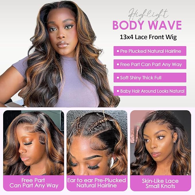 Highlight Wig Human Hair Body Wave Lace Front Wigs Human Hair Pre Plucked 13x4 Ombre Lace Front Wig Human Hair for Women 1B/30 Black with Brown Balayage Glueless Wigs 200 Density 22 Inch
