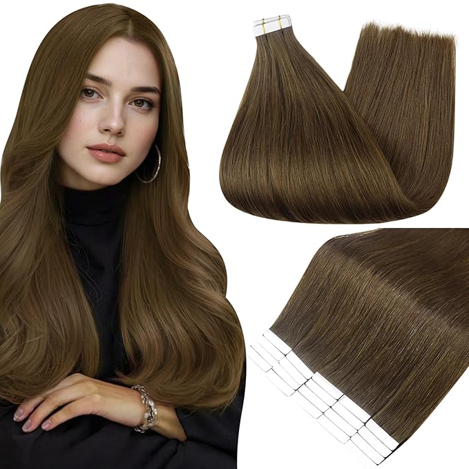 Full Shine Brown Tape in Hair Extensions Human Hair Color 4 Medium Brown Glam Seamless Hair Extensions Tape in 18 Inch Seamless Skin Weft Extensions for Women Real Hair 20PCS 50g Add Volume