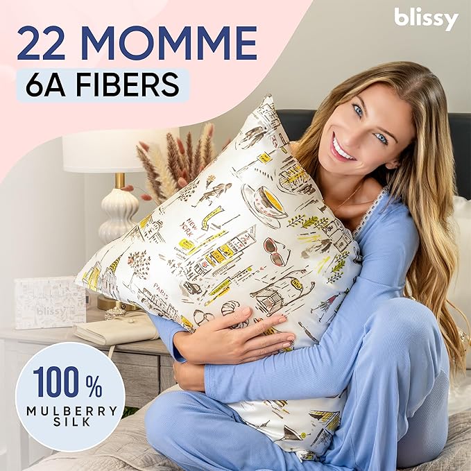 Blissy Silk Pillowcase - 100% Pure Mulberry Silk - 22 Momme 6A High-Grade Fibers - Silk Pillow Cover for Hair & Skin - Regular, Queen & King (Nicole Miller - NY to Paris, Standard)