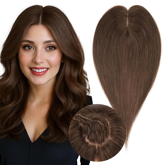 Real Human Hair Toppers for Women 3.54"*4.72" Silky Base 150% Density No Bangs Adjustable Parting Clip-In Topper Hairpieces for Women with Thinning Hair 16 Inches Dark Brown
