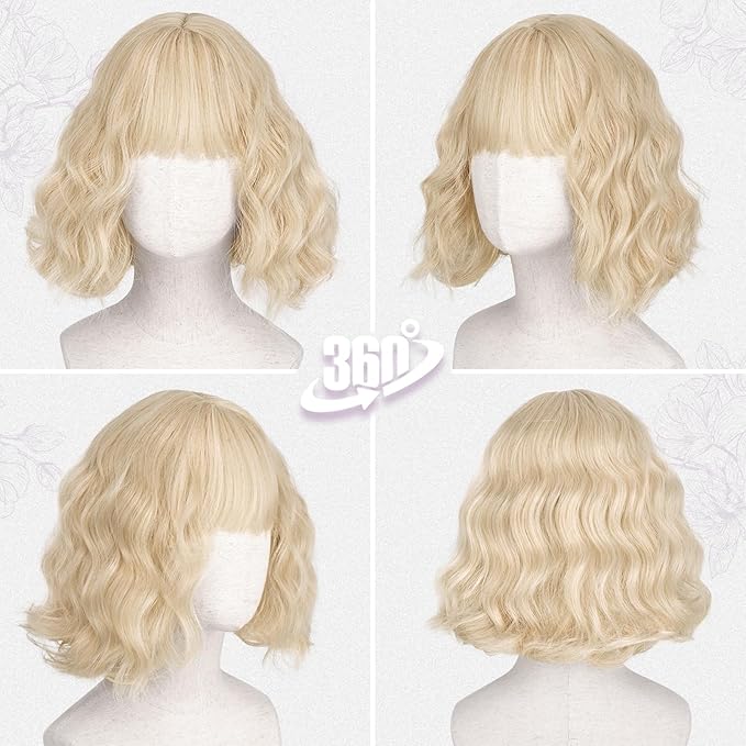 BARSDAR Light Blonde Short Wavy Wig with Bangs - Short Wavy Blonde Wigs for Women - Soft Synthetic Textured Curly French Bob Wig with Bangs Natural Looking Face-Framing Daily Party Halloween