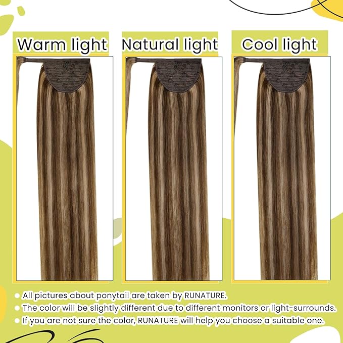 RUNATURE Ponytail Extension Real Human Hair, 12 Inch 70g Short Human Hair Ponytail, Soft Remy Real Hairpiece for Women, Can Be Styled, Easy to Install, #3P12 Brown Highlight Honey Blonde
