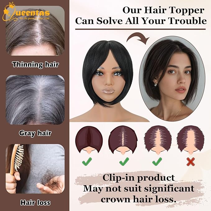 QUEENTAS Black Hair Topper for Women with Thinning Hair Pieces 6"*6"Large Coverage 360°3D Cover Silver Synthetic Short Bob with 5 Clips in Wiglets(Natural Black)