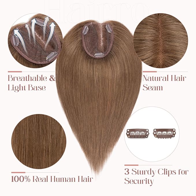 Hairro 100% Human Hair Topper No Bangs, Real Clip in Hair Hairpieces for Women, 3.94x4.72" Silk Base for Thinning Receding High Hairline, 10 Inch Mocha Brown Side Part