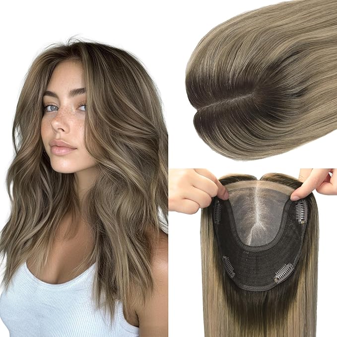 Hair Toppers for Women Real Human Hair Larger Silk Base 6x7 inch 65 grams 14inch Clip In Topper Hair pieces Dark Brown to Dirty Blonde（#2618 14inch）