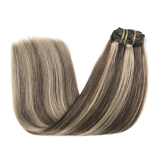 XDhair Clip in Hair Extensions Human Hair 160g 20 Inch 7pcs Chocolate Brown Mixed Caramel Blond Clip in Hair Extensions Real Human Hair for Full Head #4p27/20 inch