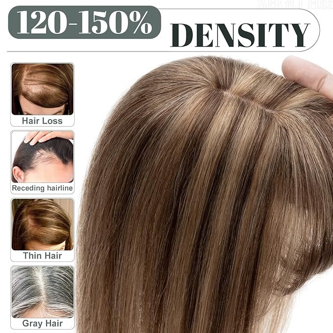 SEGO Hair Toppers for Women Real Human Hair with Thinning Hair, Toppers Hair Pieces Clip in Toppers Straight Hair Pieces with Front Bangs -10 Inch #4/27 Medium Brown Mix Dark Blonde