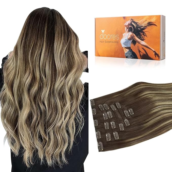 DOORES Remy Human Hair Extensions Clip in Balayage Chocolate Brown to Honey Blonde 16 Inch 7pcs 120g Clip in Hair Extensions Real Natural Hair Extensions Straight Thick