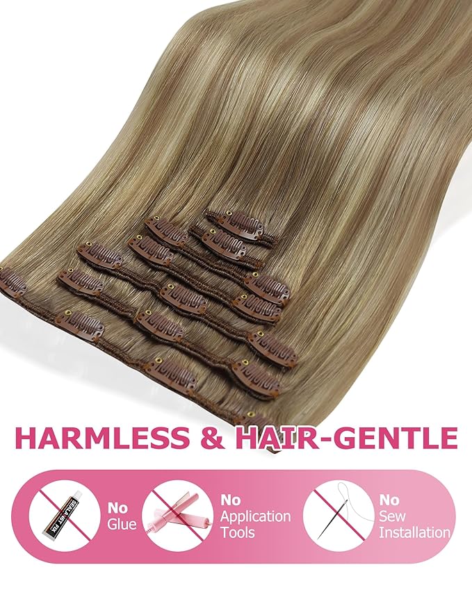 YoungSee Clip in Hair Extensions Real Human Hair Light Brown Balayage Clip in Extensions Light Brown Ombre Blonde Highlights Dyable Hair Extension Clip ins for Women 20Inch 7Pcs 120G
